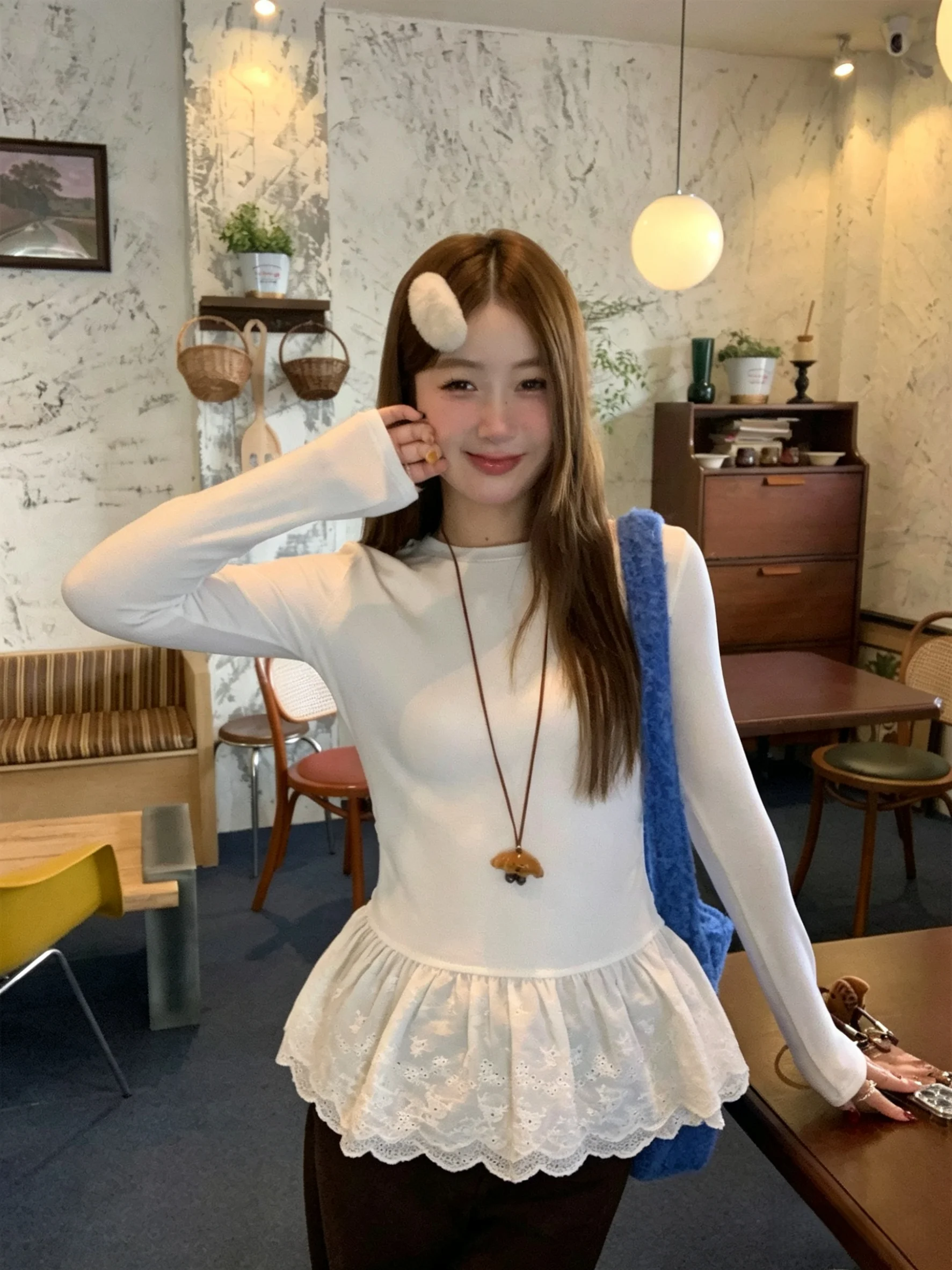 

95% Cotton Long Sleeve T-Shirt Women's Ballet Lace Hem Base Shirt Inner Wear Summer Simple Style Pure Color plus Size Top