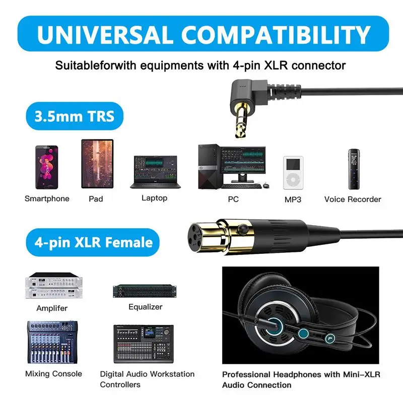 Mini XLR Female to 3.5mm Stereo TRS 90 ° Male Camera Microphone Audio Spring Telescopic Cable 0.5m