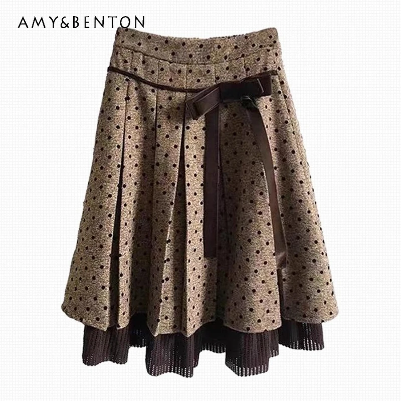 Gonna da donna americana retrò a pois 2025 Autunno Inverno Nuovo dolce fresco carino lana velluto fiocco versatile gonne a trapezio da donna