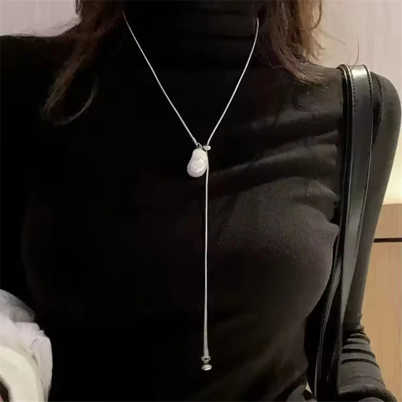 الباروك اللؤلؤ قلادة الفولاذ المقاوم للصدأ قابل للتعديل سلسلة طويلة سترة قلادة للنساء اكسسوارات الأزياء والمجوهرات بالجملة #2