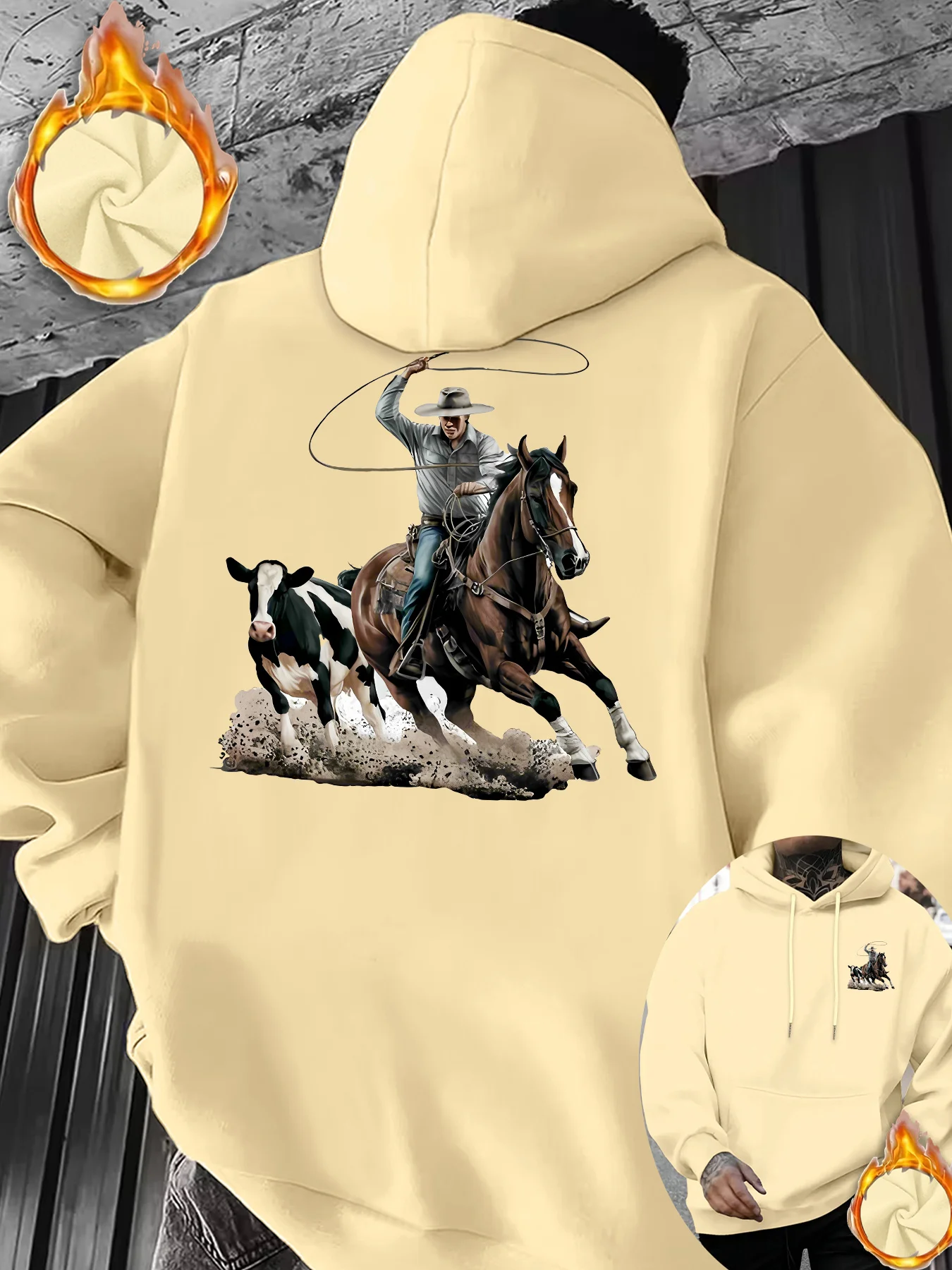 Casual Daily Hooded Pullover for Men Wild West Cowboy Horse Print Autumn winter Fashion Urban swag Streetwear essentials hoodies
