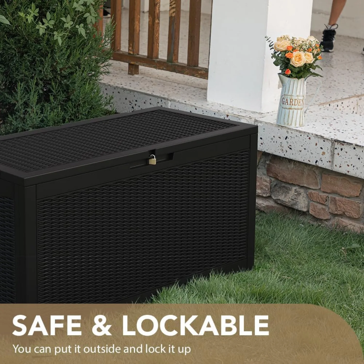 95 Gallon Deck Box Large Resin Outdoor Storage Box, Waterproof and UV Resistant Lockable for Outdoor and Patio, Large Storage