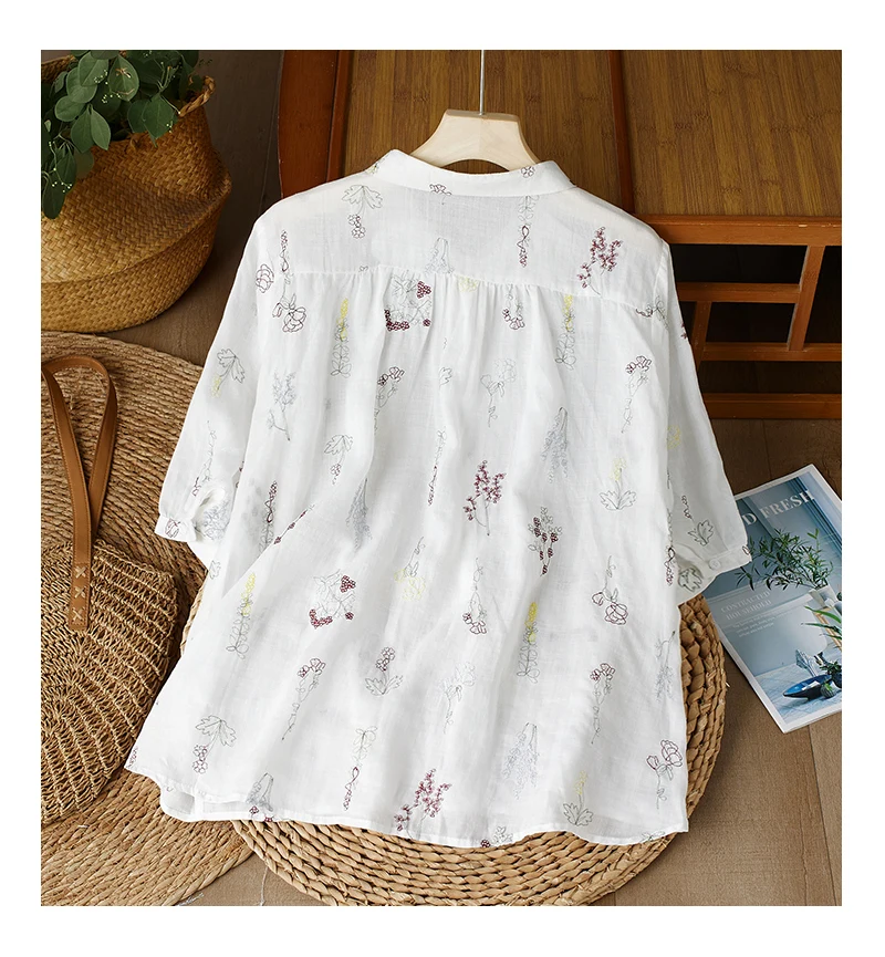 Embroidery Chinese Style Women Blouses Summer Cotto Linen Tops Loose Short Sleeve Clothing Sales Korean Women\'s Shirts