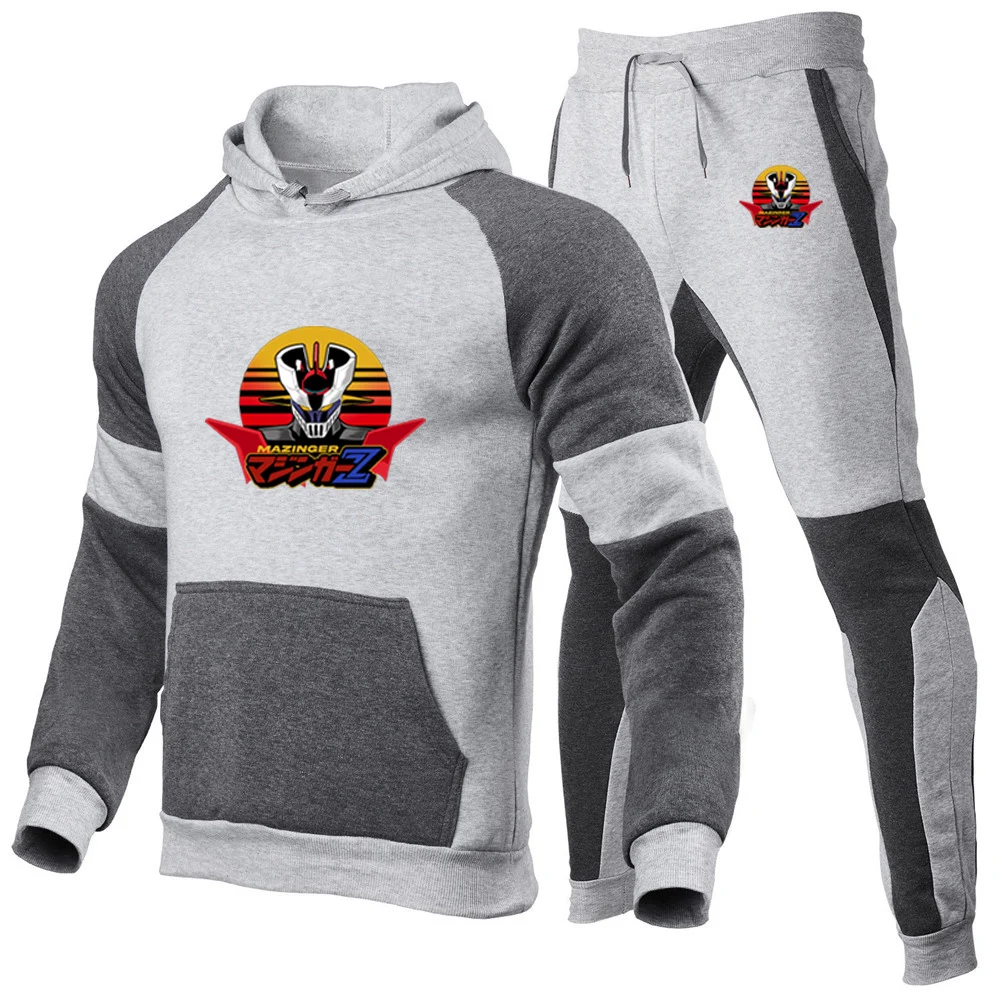 2025 Spring And Autumn Men's New Set Mazinger Z Anime Print Fashion Patchwork Hoodies+Sports Long Pants Trendy Suits