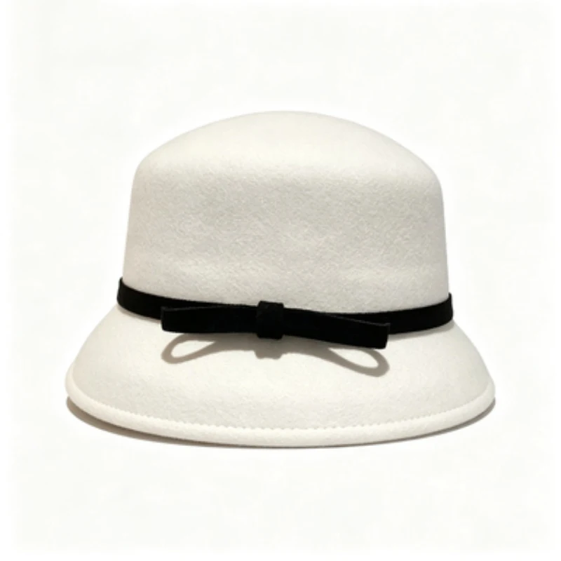 Hepburn Style Wool Blend Cloche Hat for Women, Vintage Bow Decor Bucket Hat Elegant Warm Hat for Autumn Winter