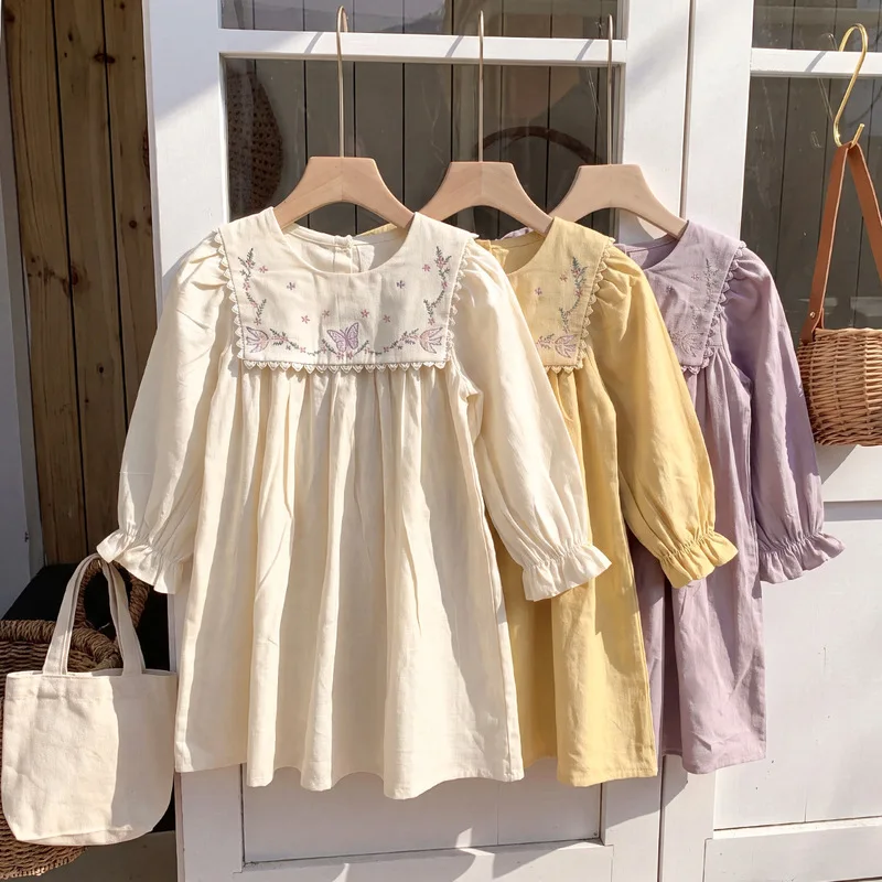 Girls' Spring and Autumn New Korean Style Sweet Long-Sleeve Princess Dress with Collar, Butterfly Embroidery, and French Lace