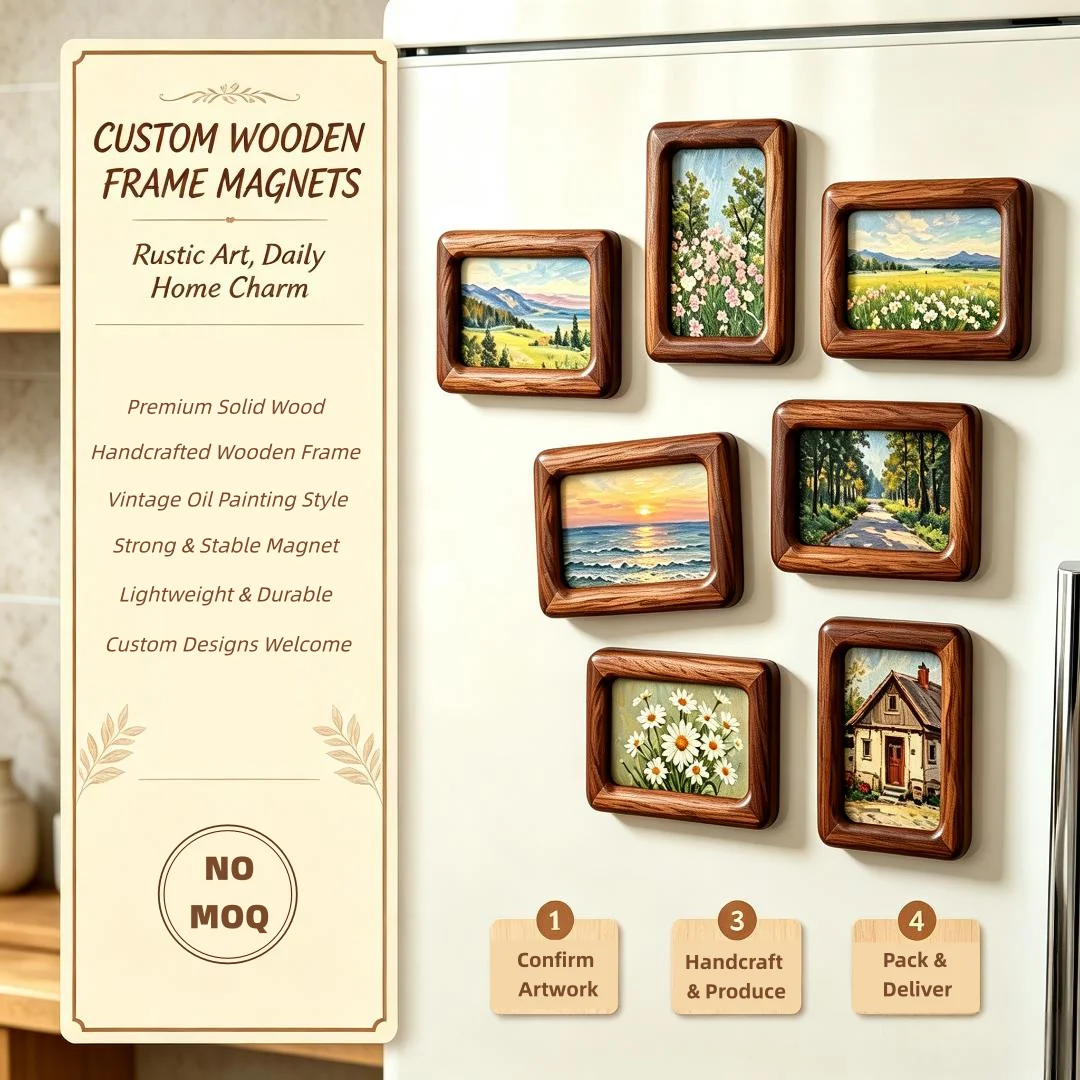 Custom Personalized Scenery Fridge Magnet Eco-Friendly Handmade Retro Style Wooden Photo Frame With Wood Blank Fridge Magnets