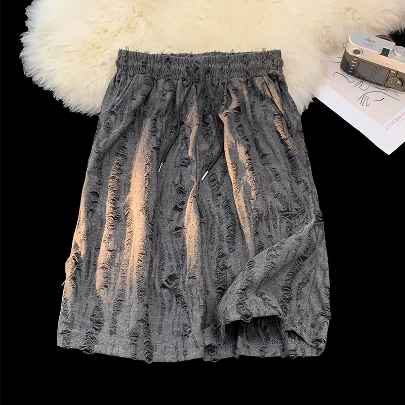 

Мужские летние тонкие рваные шорты в американском стиле High Street, повседневные свободные брюки с завязками, модные универсальные черные брюки