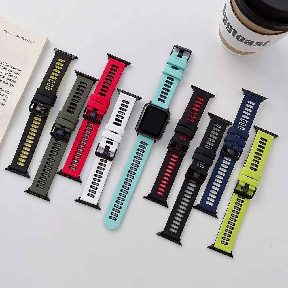 Silicone Watch Strap For Apple Watch Bands 44mm 40mm 49mm 45mm 41mm 38-42mm Sport Bracelet IWatch Series 8 se 9 7 6 5 4 3 Ultra2