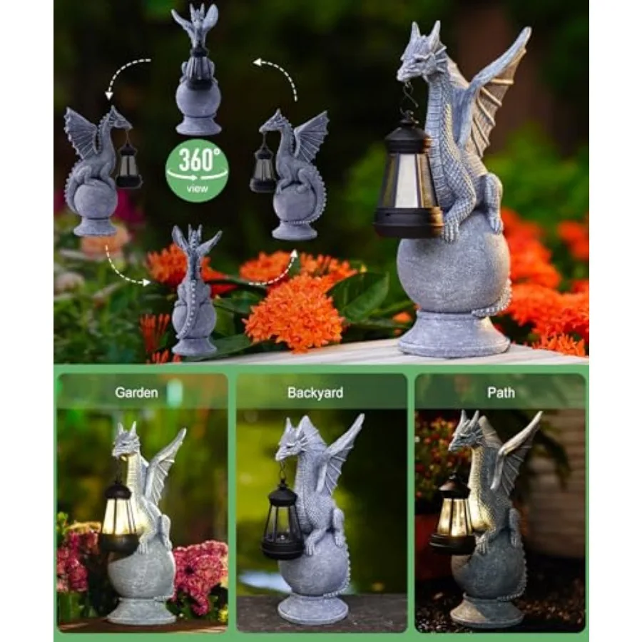 Solar Garden Dragon Statue: Outdoor Figurine with Lantern Lights Weatherproof Resin Decorations for Home Yard Lawn Porch Balcon