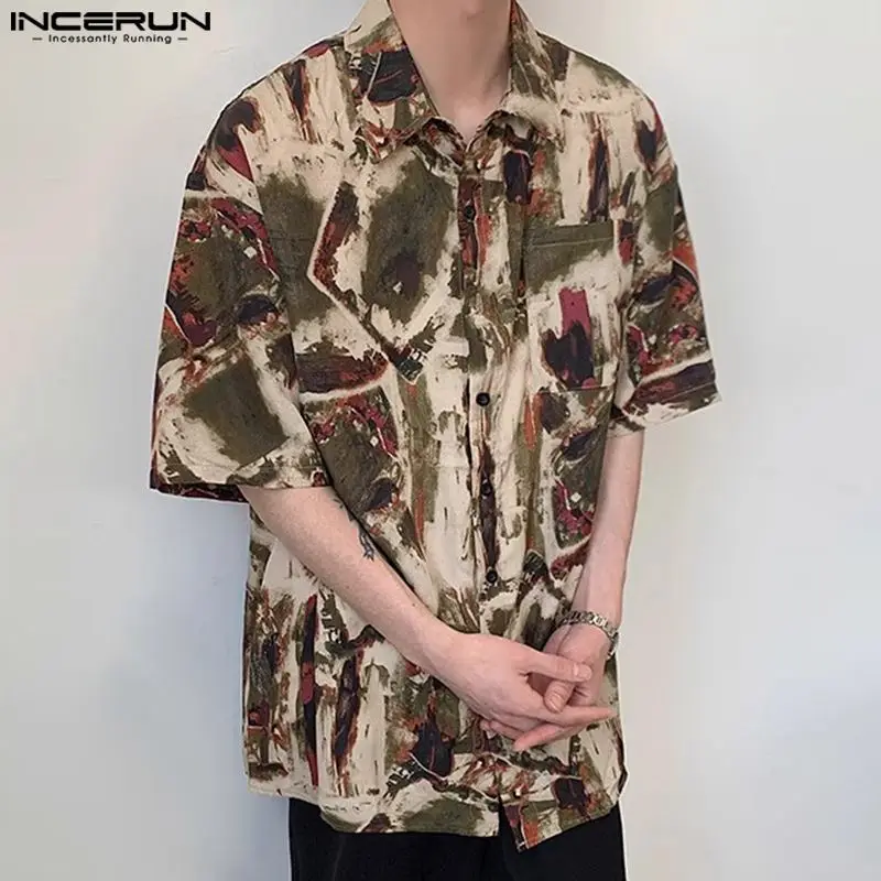 2024 Men Shirt Printing Summer Korean Style Loose Lapel Short Sleeve Fashion Shirts Streetwear Casual Men Clothing S-5XL INCERUN