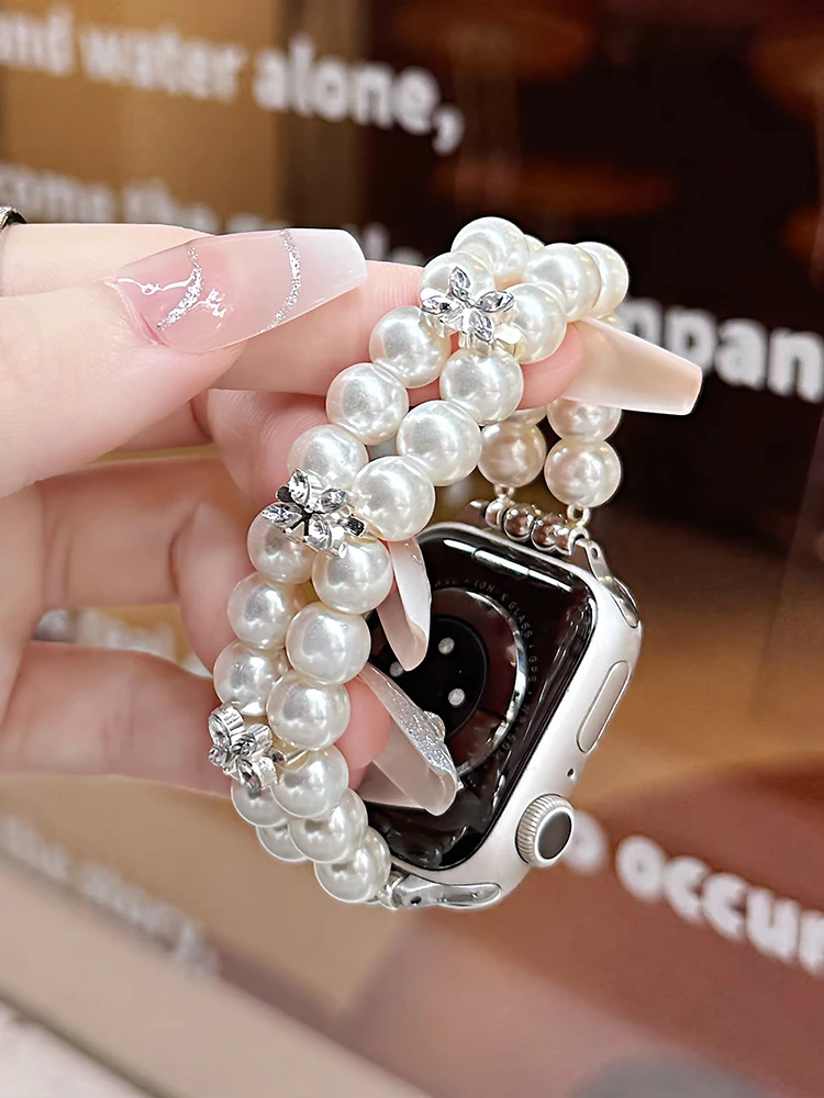 الفاخرة الماس الفرقة ل iWatch الترا 10 9 8 7 6 5 مرونة اللؤلؤ سوار للساعة أبل 38 40 مللي متر 41 مللي متر 42 45 مللي متر 46 مللي متر 49 مللي متر