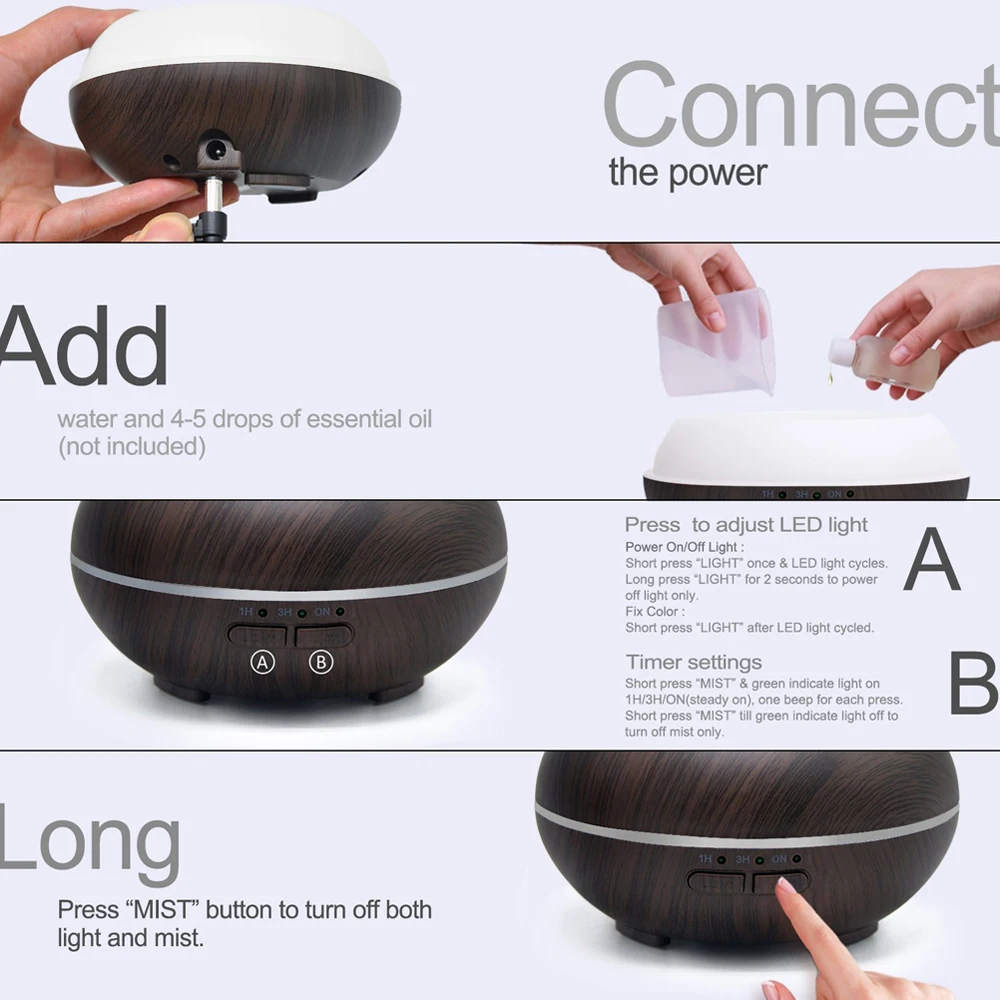 Upgraded 300ml Ultrasonic Essential Oil Diffuser with 7 LED Colors, 3 Timer Modes, Large Room Humidifier for Bedroom, Office, Li