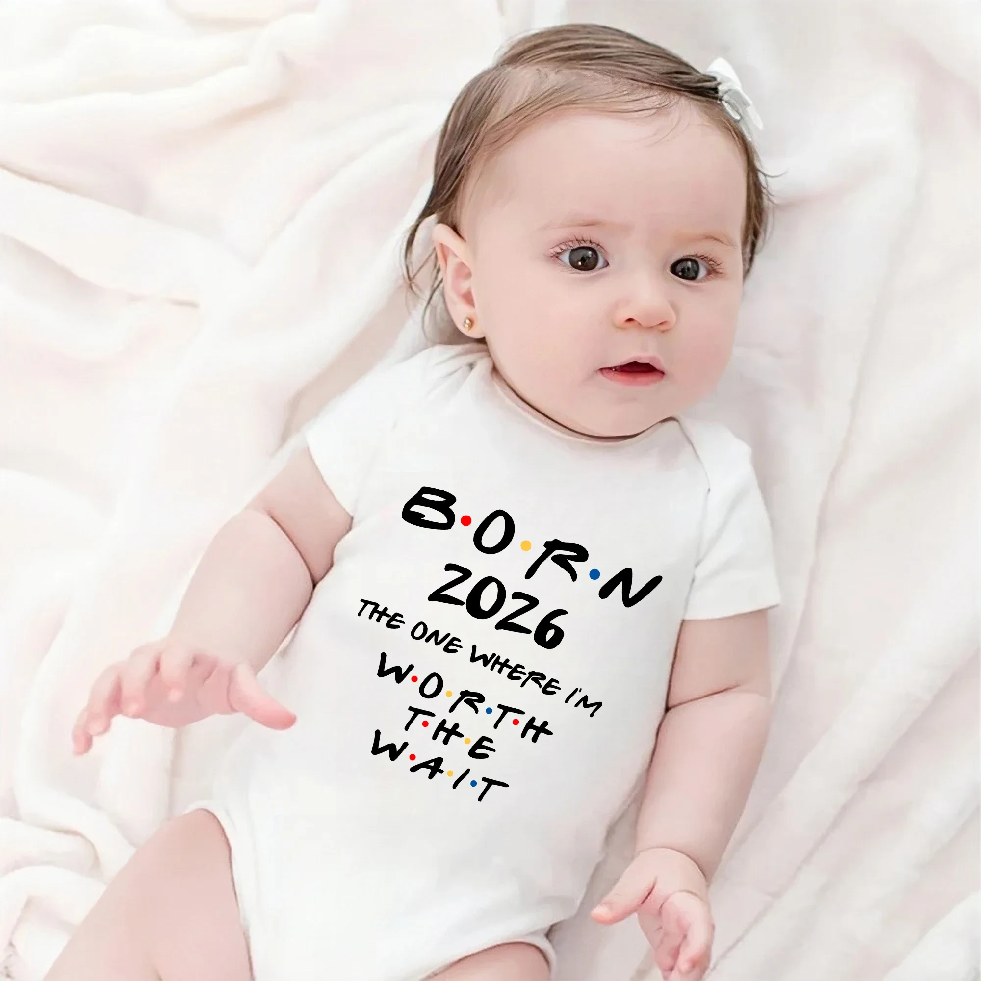 Born 2026 The One Where I'm Worth The Wait Baby Romper Short Sleeve Infant Jumpsuit Pregnancy Announcement Newborn Bitrh Gift
