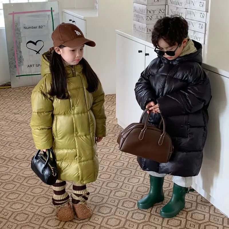 

Children's Down Jacket Winter Style Boys and Girls Korean Solid Color Long Top Children's Hooded Thick Down Bread Jacket Coat