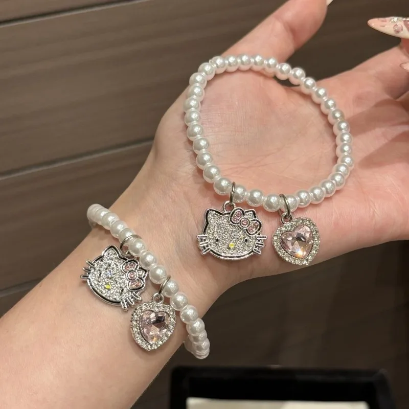 

Kawaii Hello Kitty Sanrio Cute Cartoon Bracelet Children Love Water Drill Hand Decoration Students Christmas Gift for Girls