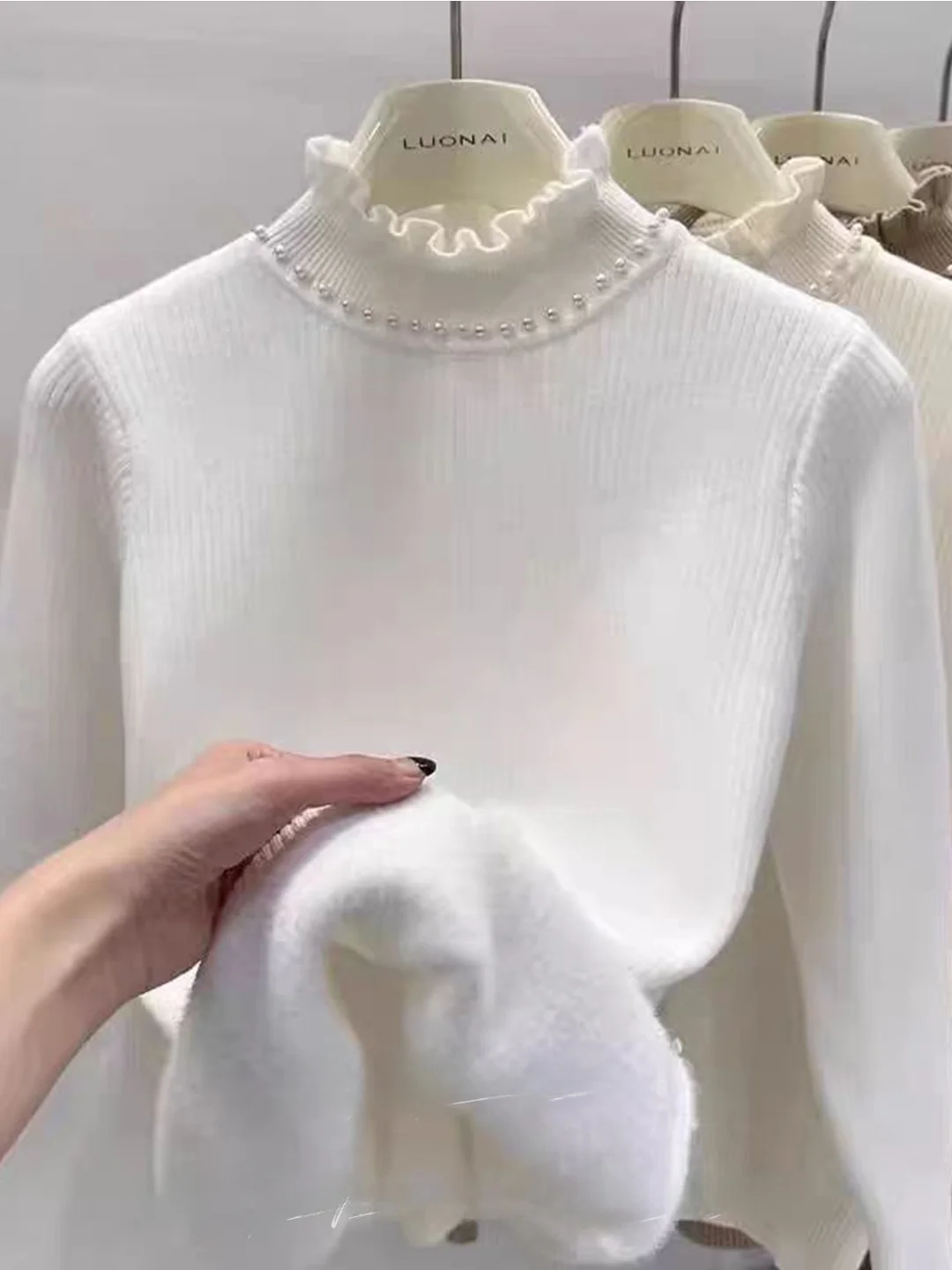 Soft Korean Style Pearl Knit Sweater Women's Slim Fit Half High Collar Wooden  Autumn New Style Versatile Long Sleeve Swe...