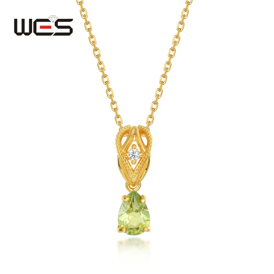 WES 925 Sterling Silver Natural 5*7mm Peridot Pendant Necklace for Woman 10k Real Gold Plated Zirconia Diamond Pear Charm