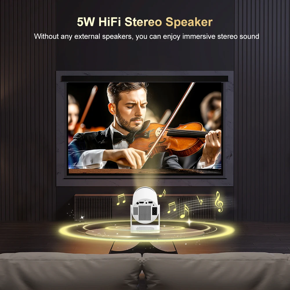 HY300 Pro Projetor de alto-falante HIFI Android 11 Dual Wifi6 280ANSI Allwinner H713 BT5.0 1280*720P 4K Projetor de som de filme de atualização