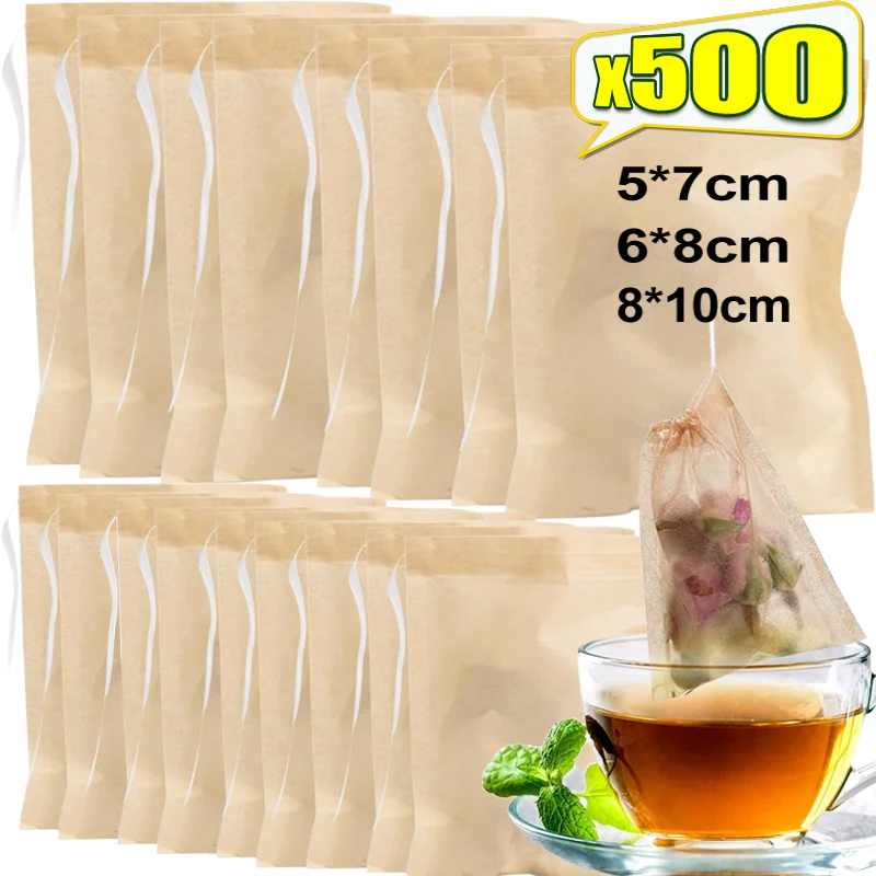 500/100PCS Disposable Tea Bags with Drawstring Herbal Spice Coffee Filter Paper Bag Loose Empty Teabags Home Kitchen Teaware