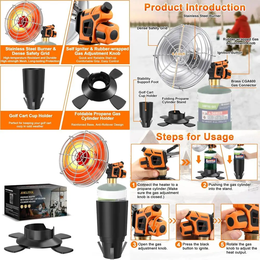 

Portable Propane Golf Cart Heater, 2000°F with Dual Bases, Cup Holder, Foldable Cylinder Stand, Ideal for Tents, Hunting, Ice Fi