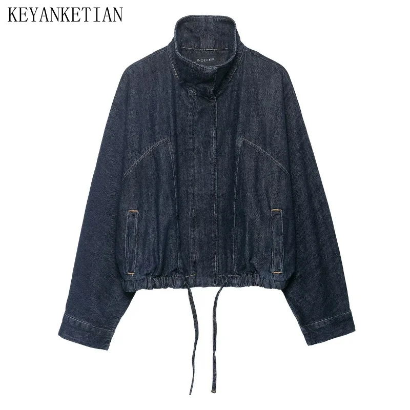 

KEYANKETIAN, осенняя новая женская ковбойская куртка с воротником в стиле ретро и рукавами «летучая мышь», яркая нить, ремешок на шнурке, ковбойская куртка, пальто для женщин