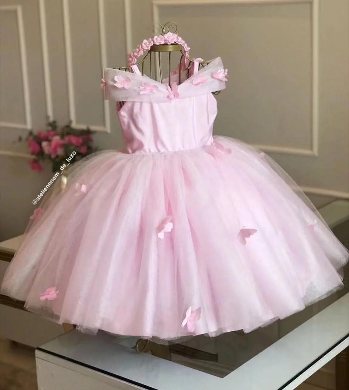 Vestido rosa claro de flores para niña, para boda, tul, apliques hinchados, perlas, fiesta de cumpleaños para niños, vestidos de baile de primera comunión