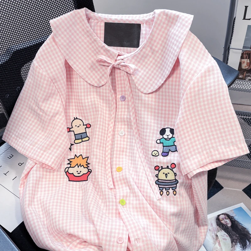 Japanese Sweet Cute Lolita Blouses Women Kawaii Cartoon Embroidery Plaid Lace Up Shirt Top Pan Collar Blusas Mujer Girl Clothing