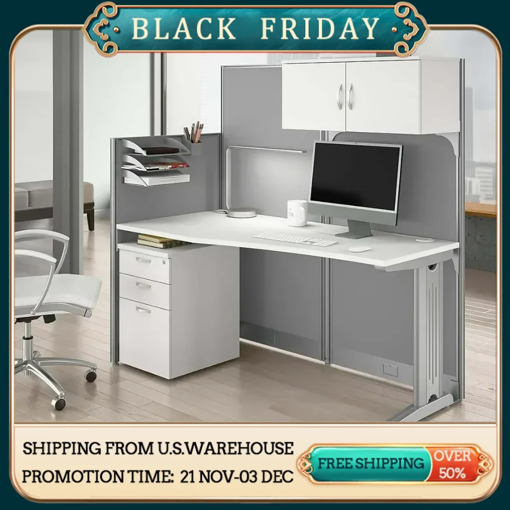 

Straight Cubicle Desk with Storage,Drawers,and Organizers，Modern Computer Table Set with Privacy Panels for Commercial Workspace