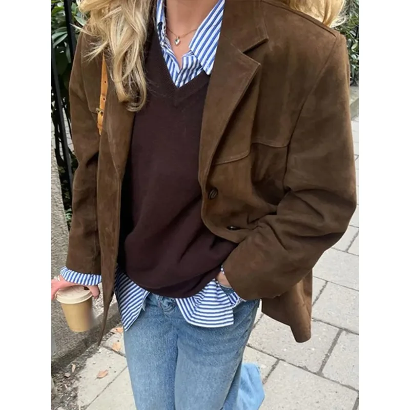 Retro Brown Button-Up Long Sleeve Jacket with Lapel, Street Style