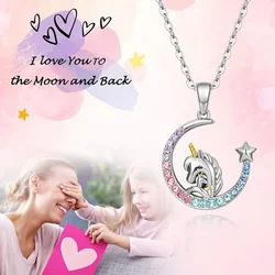 Fashion Creative Dazzle Crystal Little Girl Unicorn Necklace Female New Moon Pony Children Pendant Gift for Good Friends