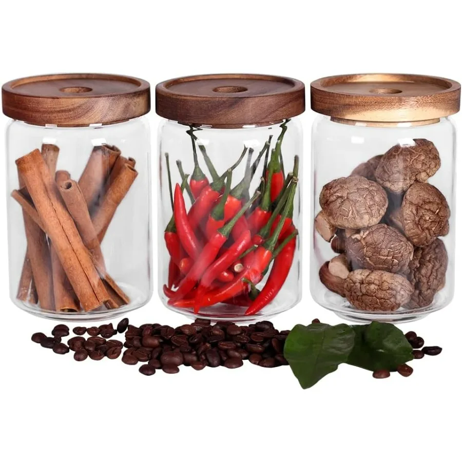 

SAIOOL Стеклянные банки Контейнеры для хранения продуктов питания с герметичными крышками из акации 20FL OZ 600 мл Набор стеклянных канистр3 прозрачных контейнеров Костюм для