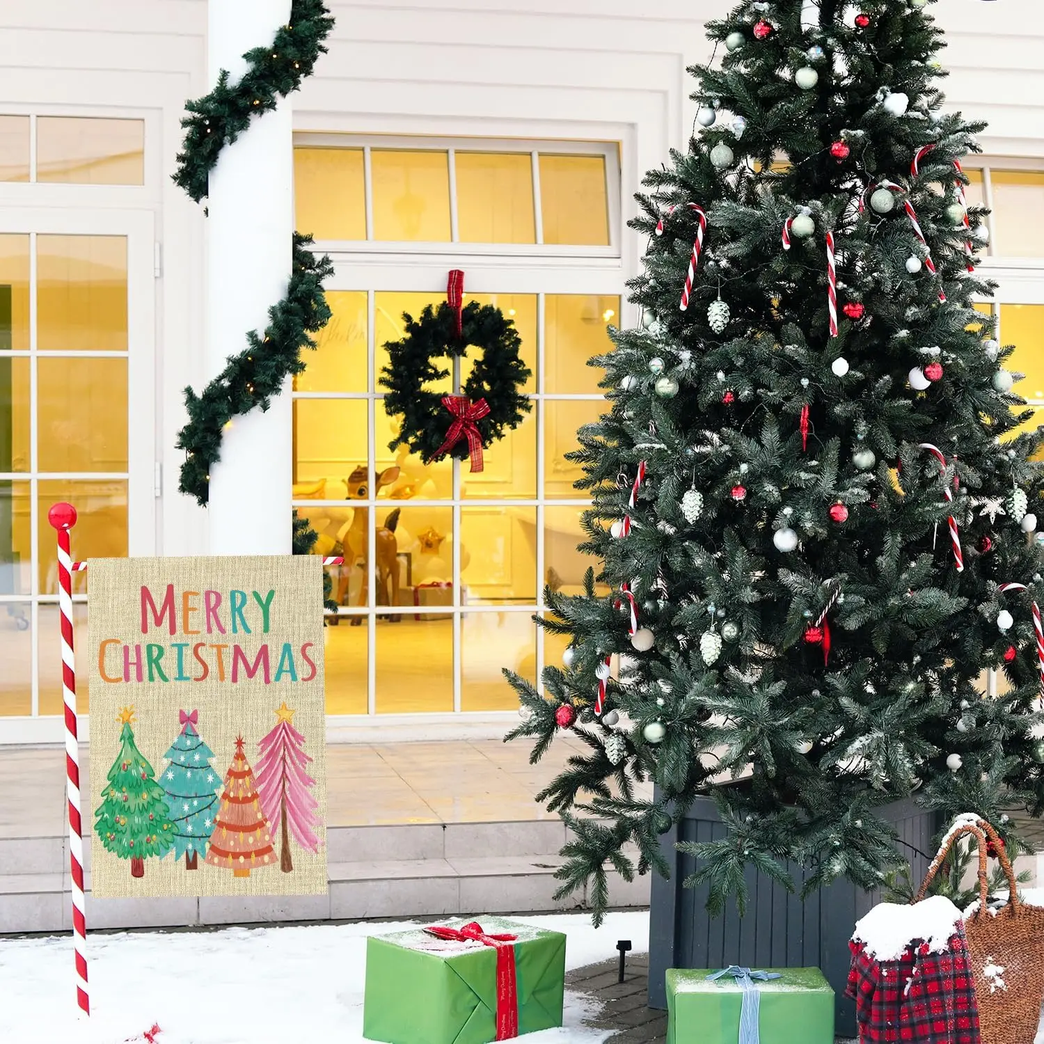 WATINC Merry Christmas Garden Flag - 12 x 18 Inch Colorful Double Sided Christmas Tree Decor for Outside, Pastel Winter Holi xxl