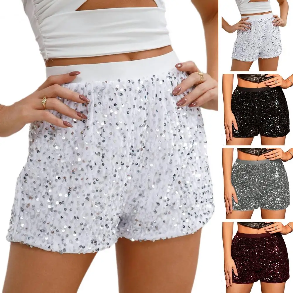 Short de soirée à paillettes pour femme, taille haute élastique, ligne A, jambe droite, court, paillettes, pantalon chaud, monochrome, noir