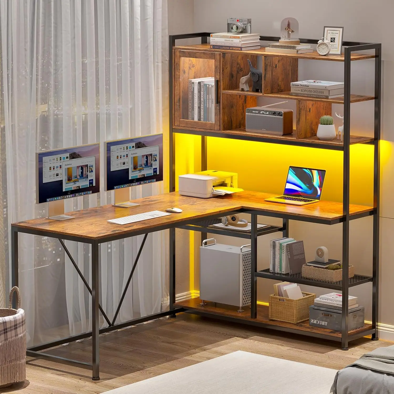 

SEDETA L Shaped Computer Desk, 58'' Office Desk with LED Light and Bookshelf, L Shaped Corner Desk with Storage Shelves for