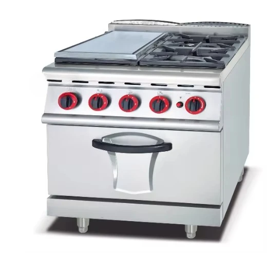 Cocina de gas comercial de acero inoxidable con 4 quemadores y horno.