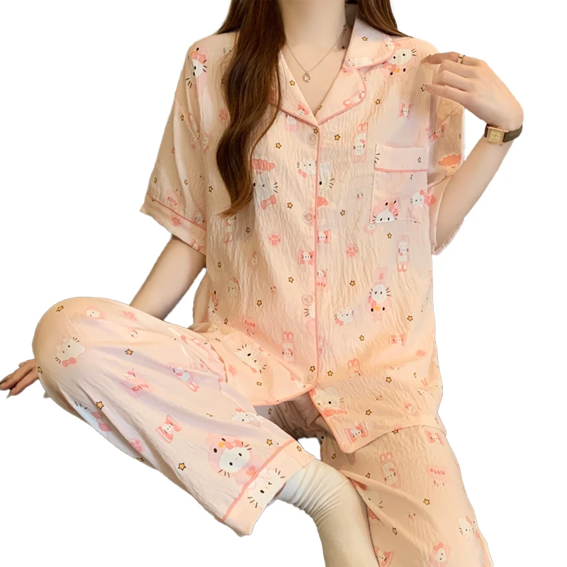 Летние брюки с короткими рукавами, милые повседневные пижамы KT с рисунком кота, женский комплект домашней одежды