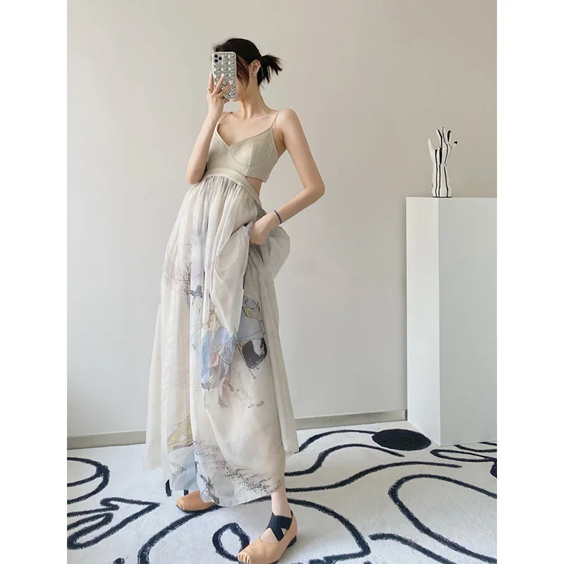 Women\'s French Suspender Strap Maxi Dress High-End Japanese Antiquity Vintage Long Dress Designed Improved Kimono Summer New