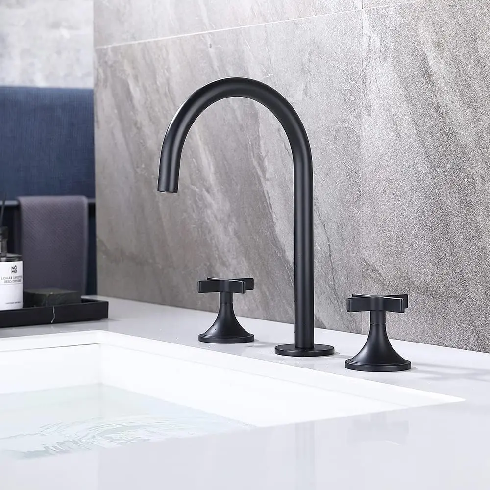 Top Quality Brass Black Widespread Bathroom Faucet 3 Holes Two Handles wash basin Taps 8 inch Bathroom Sink Faucet, Matte Black