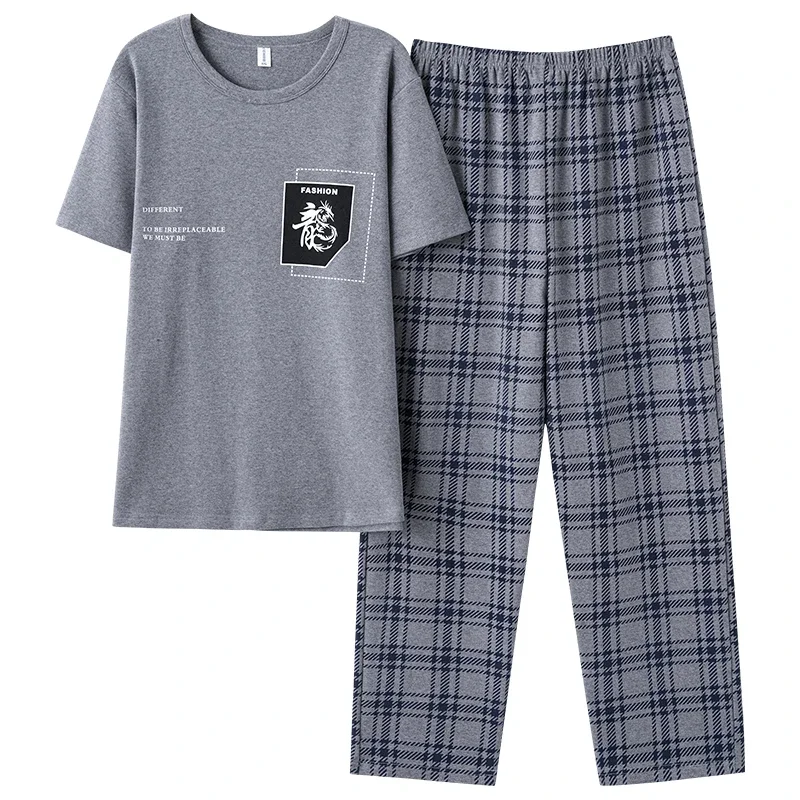 New Summer Fashion Men\'s Sleepwear Soft Cotton Pajamas Set for Gentleman Round Collar Grey Plain Loose Loungewear for Young Man