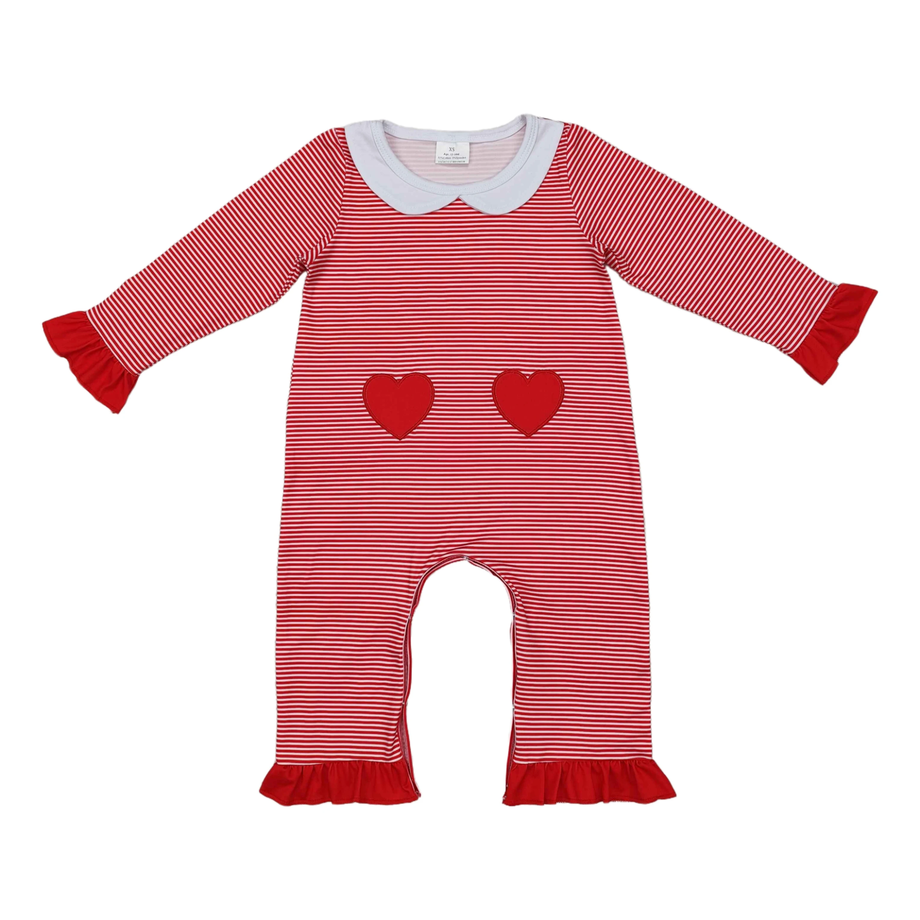 

Wholesale Newborn Infant Embroidered Heart Children Jumpsuit Kids Baby Girl Long Sleeves Toddler Valentine's Day Striped Romper