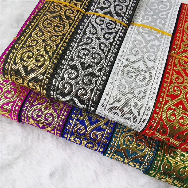 7Meters 33mm Gold Silver Shining Vintage Ethnic Embroidery Ribbon Boho Lace Trim DIY Clothes Bag Accessories Embroidered Fabric