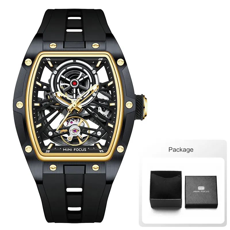 MINIFOCUS Men's Automatic Mechanical Watch Black Tonneau Dial Luminous Hands Silicone Band 10