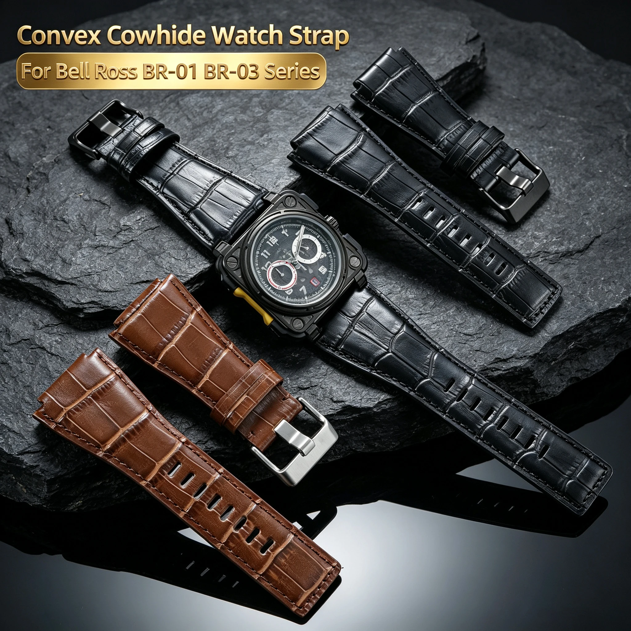 35-24mm Convex Cowhide Watch Strap, Genuine Leather Band For Bell Ross B&R BR-01 BR-03 Series Men Replacement Watchband