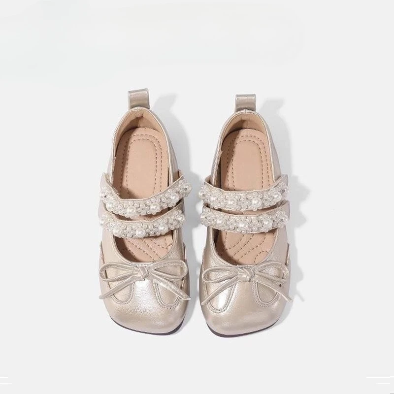 2026 New Arrival Girls Princess Shoes Spring Autumn Performance Silver Leather Soft Sole Kids Footwear​ Pearl Children's Flats
