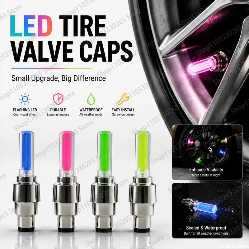Colorful LED Wheel Valve Stem Lights, Waterproof, Easy Screw-On, Motion Activated for Cars, Motorcycles & Bikes