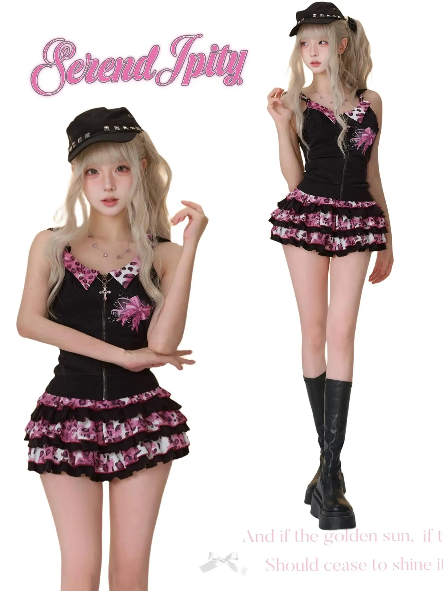 Harajuku Black Leopard Print Cake Skirt , Slim, Sweet, Kawaii, Female Temperament, New, Original, Japanese, Cool Girl Fashion