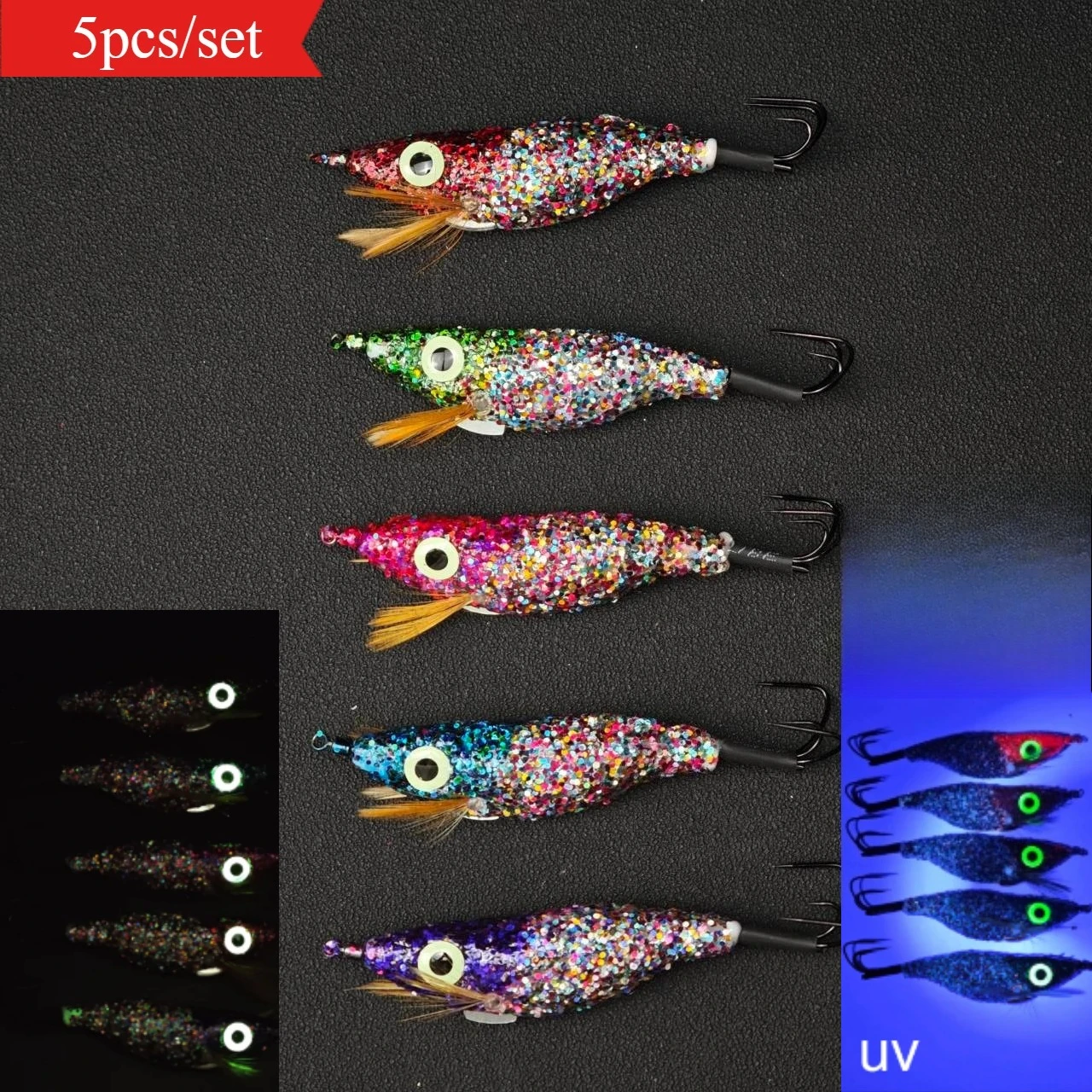 5pcs Glitter Luminous Squid Jigs Egi Lures, Glow In Dark Wood Shrimp Bait Triple Hook, Saltwater Octopus Eging Fishing Tackle