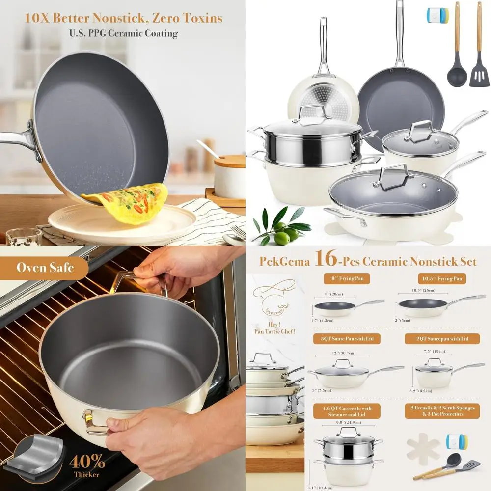16-teiliges antihaftbeschichtetes Kochgeschirr-Set – ofensicher, Induktionskompatibel, weiße Keramiktöpfe und Pfannen mit Dampfgarer, PFAS, PTFE, PFOA Fre