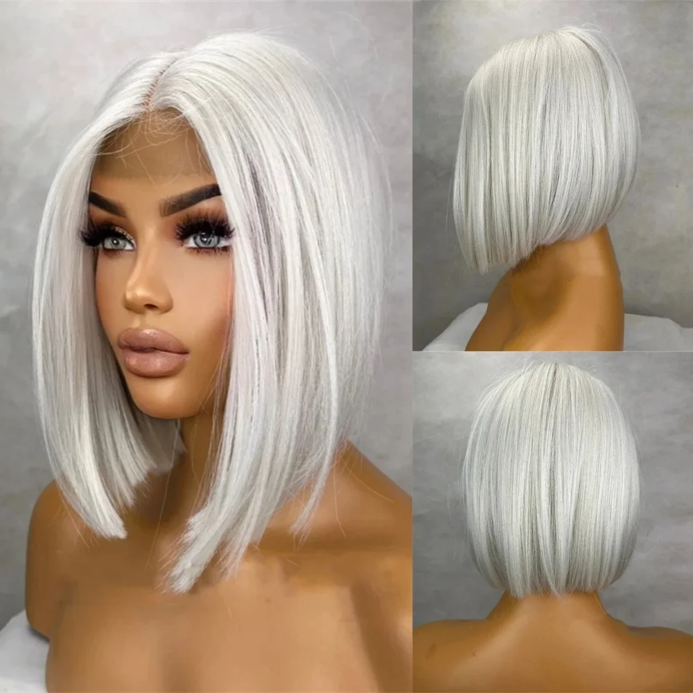

13x4 Short Bob Synthetic Cosplay Lace Wig Ladies Lolita Wig Silver Grey Blonde Lace Frontal Wigs Glueless Wigs Natural Hairline